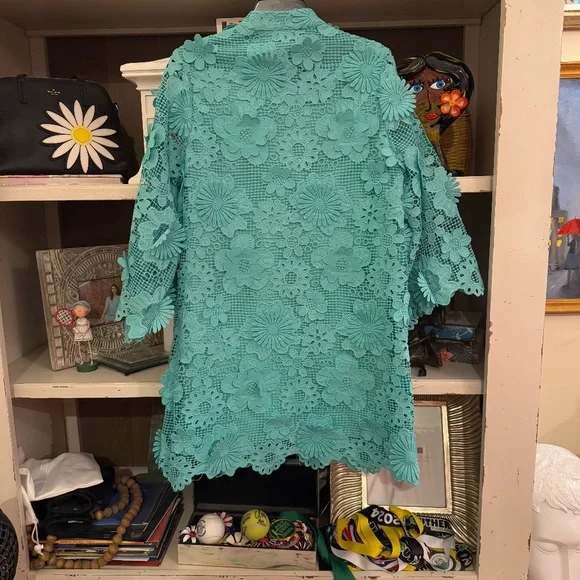 J.Marie Seraphina Dress XS mint green Short Floral 3D Lace caftan XSmall - Picture 5 of 6